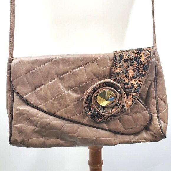VTG 80s Pinky Brown Leather Croc Embossed Purse Shoulder Bag Envelope Clutch - Picture 1 of 5